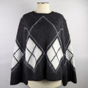 Magaschoni Argyle Sweater Teddy Bear Wool Blend Wide Cuffs Black White M NWT